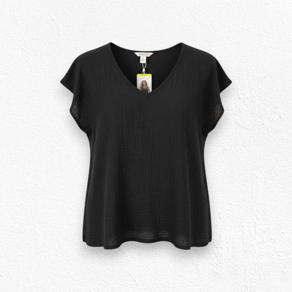 Three Dots Black Double Gauze V Neck Cap Sleeve Cotton Top Size Medium NWT $138